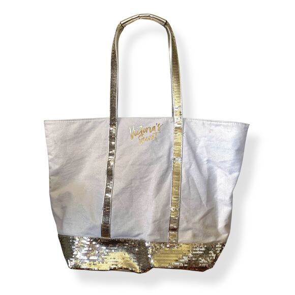 Victoria's Secret white metallic silver sequin oversized top zipper tote bag - Picture 1 of 14